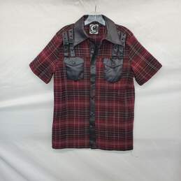 Killstar Black & Burgundy Plaid Faux Leather Snap Button Shirt MN Size S