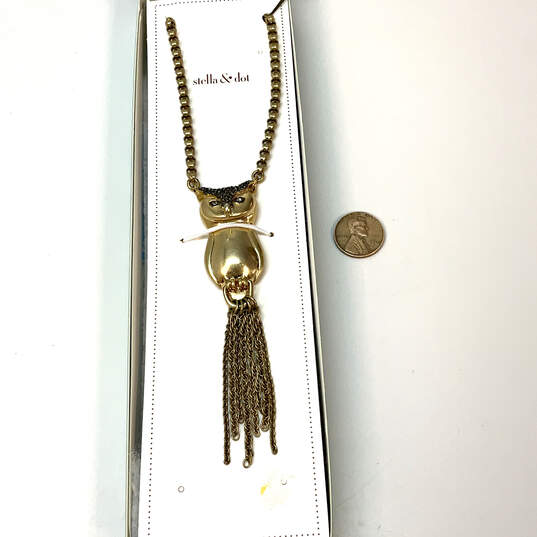 Designer Stella & Dot Gold-Tone Hematite Owl Tassel Pendant Necklace w/ Box image number 3
