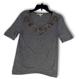 Womens Gray Beaded Heather Round Neck Short Sleeve Pullover T-Shirt Size 2