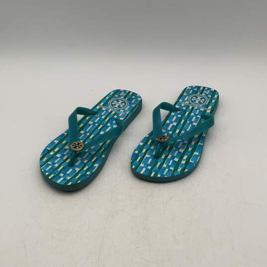 Tory Burch Womens Blue Monogram Flat Slip On Flip Flop Sandals image number 1