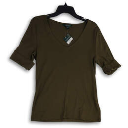 NWT Womens Brown V-Neck Roll Tab Sleeve Pullover T-Shirt Size Large