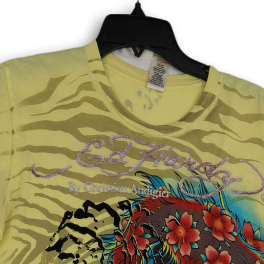 Womens Yellow Graphic Print Crew Neck Short Sleeve Pullover T-Shirt Size M image number 3