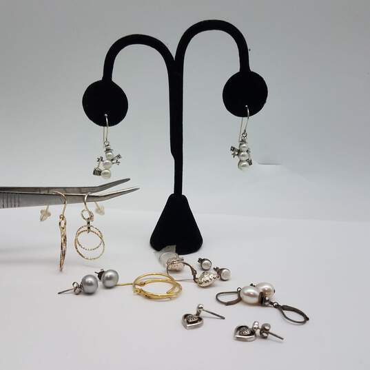 Sterling Silver Hoop & Heart & Faux Pearl Earring BD 8pcs 16.6g image number 1