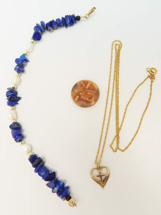 Gold Filled Heart Cross Pendant Necklace & Lapis & Pearl Bracelet 11.4g image number 7