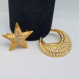 Joan Rivers Gold Tone Crystals Crescent Moon & Star Brooch Bundle 2pcs 22.3g