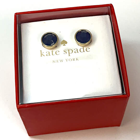 Designer Kate Spade Gold-Tone Blue Crystal Cut Stone Stud Earrings With Box image number 2