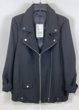 NWT Zara Womens Black Long Sleeve Collared Asymmetrical Full Zip Jacket Size L