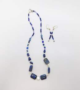 Artisan Silvertone Lapis Lazuli & Coin Pearls Blue Glass & Crystals Graduated Beaded Toggle Necklace & Drop Earrings 34.4g