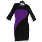 Womens Black Purple Long Sleeve Round Neck Back Zip Sheath Dress Size 4 image number 1