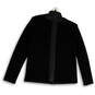 Womens Black Round Neck Knitted Long Sleeve Full-Zip Leather Jacket Size 10 image number 2