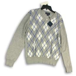 NWT Brooks Brothers Mens Gray Blue Argyle Knitted V-Neck Pullover Sweater Size L