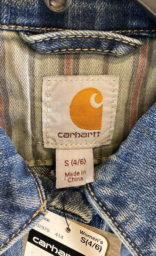 NWT Carhartt Womens Blue Long Sleeve Collared Denim Trucker Jacket Size S(4/6) image number 4