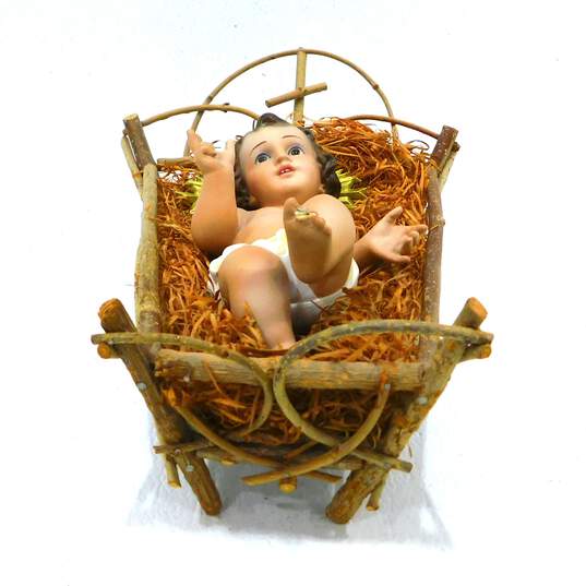 Vintage Nativity Baby Jesus Figurine W/ Glass Eyes & Twig Manger Christmas Spain image number 1