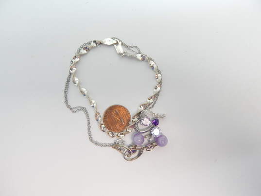 Contemporary 925 Amethyst & Diamond Accent Heart & Purple CZ Pendants Necklace Drop Earrings & Twisted Herringbone Chain Bracelet 10.4g image number 2