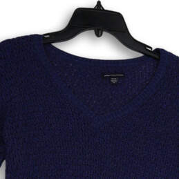 Womens Blue V-Neck Long Sleeve Open-Knit Pullover Sweater Size S/P