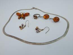 925 Amber Faux Pearl CZ Earrings Butterfly CZ Ring & Herringbone Necklace 27.7g