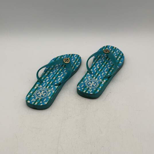 Tory Burch Womens Blue Monogram Flat Slip On Flip Flop Sandals image number 2