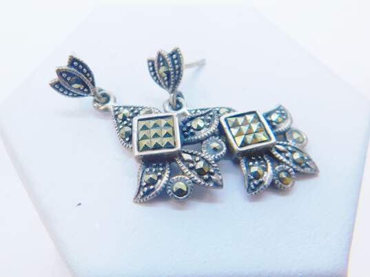 Romantic 925 Marcasite Open Heart Pendant Necklace & Onyx Teardrop & Art Deco Drop Post Earrings 13g image number 3