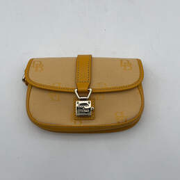 Womens Yellow Leather Signature Print Push Lock Mini Wristlet Wallet