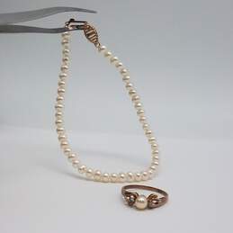 10k Rose Gold Fw Pearl Cz Sz 7 Ring & Bracelet Bundle 2pcs 6.7g