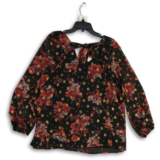 Womens Red Gold Floral Sheer Long Sleeve V-Neck Pullover Blouse Top Size XL image number 2