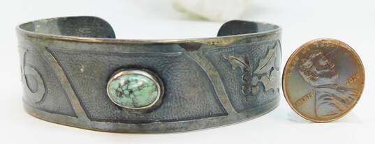 Southwestern Sterling Silver Turquoise Cabochon Symbol Carved Cuff 27.4g image number 4