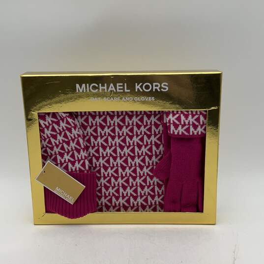 NWT Michael Kors Womens Hat Scarf And Gloves 3 Piece Set Fuchsia White O/S image number 1