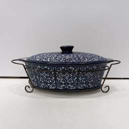 Temp-Tations Blue Ceramic Oval 3.5Qt. Dutch Oven w/Metal Rack