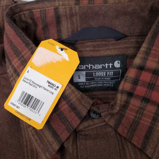 NWT Carhartt MN's Loose Fit Heavyweight Brown Plaid Flannel Shirt Size L image number 4