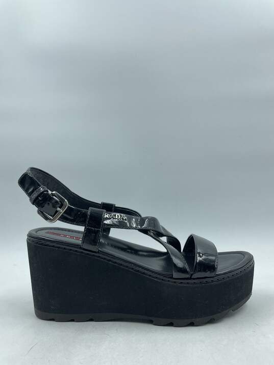 Authentic Prada Black Patent Wedge Sandals W 8.5 image number 1