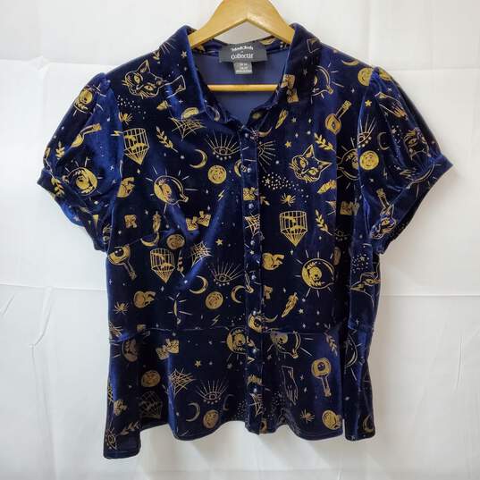 Modcloth X Collectif Women's Blue Velvet Spells Like Witch Spirit Blouse Size 16 image number 1