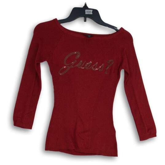 Guess Womens Red Sequin Boat Neck Long Sleeve Pullover Blouse Top Size XS image number 1