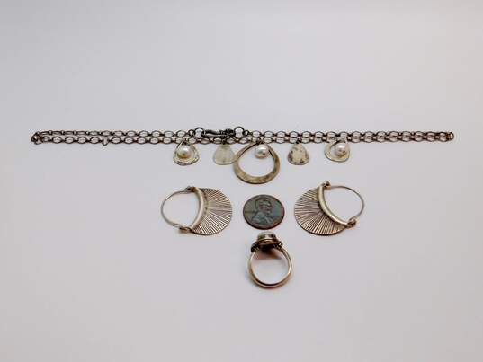 Artisan 925 Brushed Open Teardrops & Faux Pearls Pendant Necklace Stamped Lines Fan Hoop Earrings & Ring 22.7g image number 6
