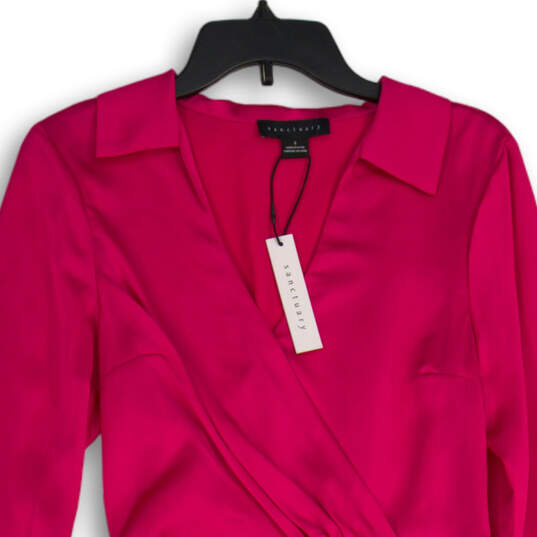 NWT Womens Hot Pink Satin Collared Cuff Detail Long Sleeve Wrap Dress Sz 4 image number 3