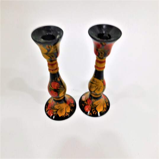 Russian Khokhloma Painted Candlesticks, Bowl, and Spoons (Set of 5) image number 4