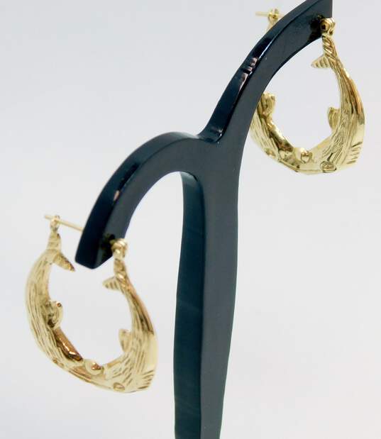 14K Yellow Gold Dolphins Puffed Oblong Hoop Earrings 2.6g image number 1