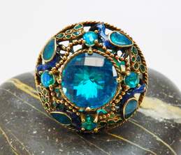 Sajen Bronze Blue Quartz Enamel Peacock Dome Ring 14.7g