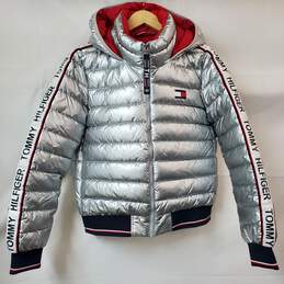 Tommy Hilfiger Shiny Silver Metallic Down Feather Puffer Hooded Jacket Size M