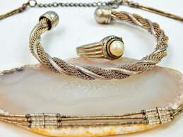 Romantic 925 Liquid Silver Necklace White Pearl Ring & Twisted Cuff Bracelet