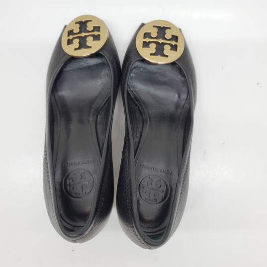 Tory Burch Peep Toe Black Leather Wedges Women's 5 image number 7
