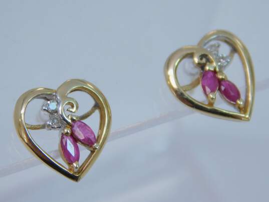 Romantic 14K Yellow Gold Spinel & Diamond Accent Heart Stud Earrings 1.6g image number 2