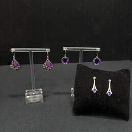 Set Of 3 Sterling Silver Purple Accent Earrings