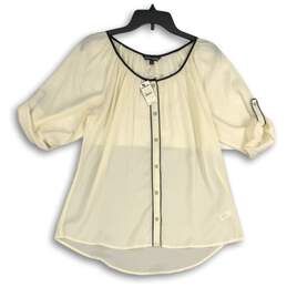NWT Express Womens White Black Roll Tab Sleeve Button Front Blouse Top Size L