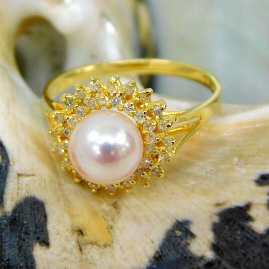 14K Yellow Gold 0.15 CTTW Diamond & Cultured Pearl Ring 3.0g image number 1
