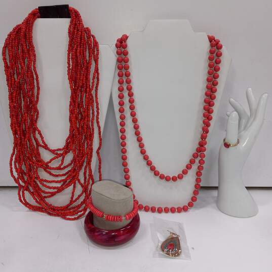 Bundle of Assorted Red And Pink Toned Fashion Jewelry image number 1