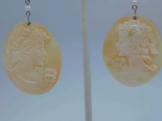 Sterling Silver Italy Carved Shell Cameo Drop Earrings 12.5g image number 2