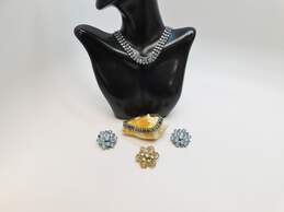 Vintage Silvertone & Goldtone Blue Rhinestones Collar Necklace Cluster Clip On Earrings Bracelet & Flower Brooch 53g