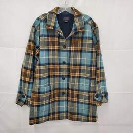 VTG Pendleton WM's Plaid Teal & Gold 100% Virgin Wool Pea Coat Size M