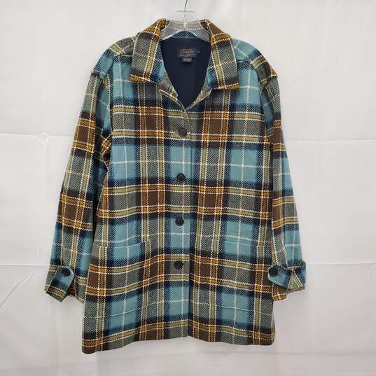 VTG Pendleton WM's Plaid Teal & Gold 100% Virgin Wool Pea Coat Size M image number 1