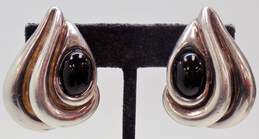 Signed 925 Modernist Electroform Onyx Cabochon Puffed Teardrop Chunky Clip On Earrings 32g